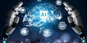 Ilustrasi AI dan peta Indonesia yang merepresentasikan strategi pendanaan nasional untuk mempercepat pengembangan teknologi AI.