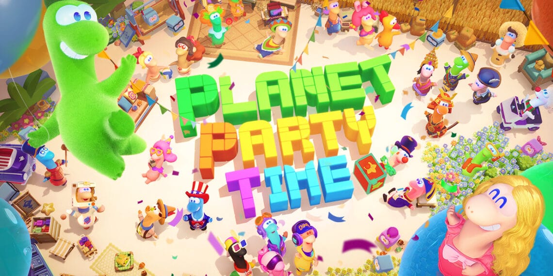 Cuplikan adegan ramai di Planet Party Time: wajah karakter imut berkumpul di arena pesta, menggambarkan nuansa hangat dan penuh aksinya — sumber: Steam store page.