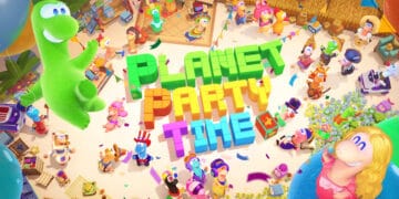 Cuplikan adegan ramai di Planet Party Time: wajah karakter imut berkumpul di arena pesta, menggambarkan nuansa hangat dan penuh aksinya — sumber: Steam store page.