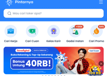 Tampilan antarmuka aplikasi Pintarnya sebagai portal lowongan pekerjaan dan layanan keuangan (Sumber: Pintarnya)