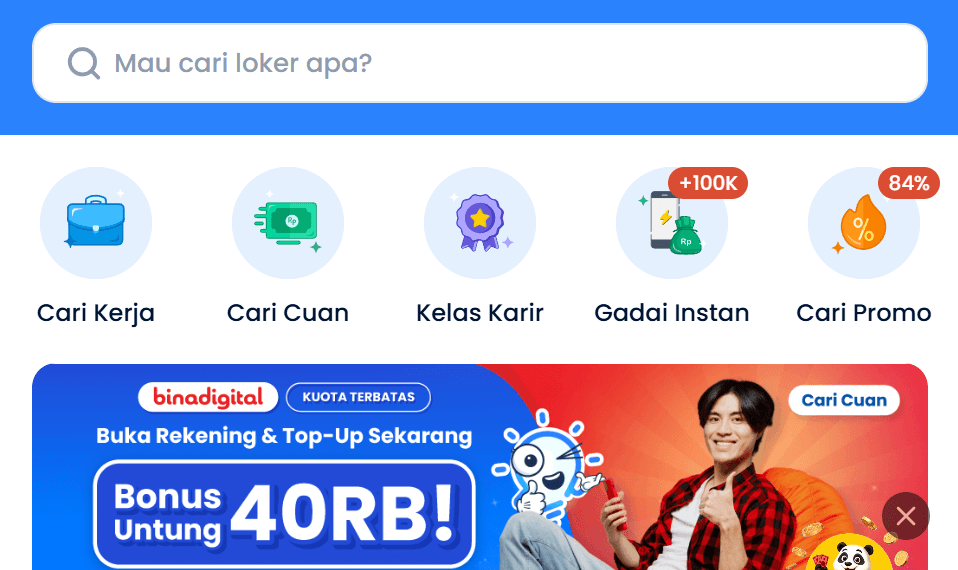 Tampilan antarmuka aplikasi Pintarnya sebagai portal lowongan pekerjaan dan layanan keuangan (Sumber: Pintarnya)