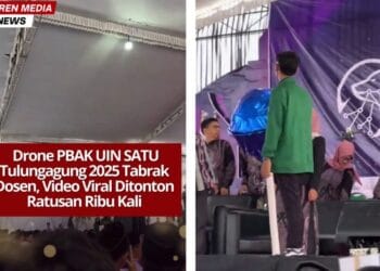 Tangkapan layar video viral insiden drone menabrak dosen saat acara PBAK UIN SATU Tulungagung 2025. (Sumber: TikTok/febrisitong01)