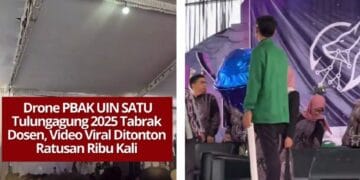 Tangkapan layar video viral insiden drone menabrak dosen saat acara PBAK UIN SATU Tulungagung 2025. (Sumber: TikTok/febrisitong01)