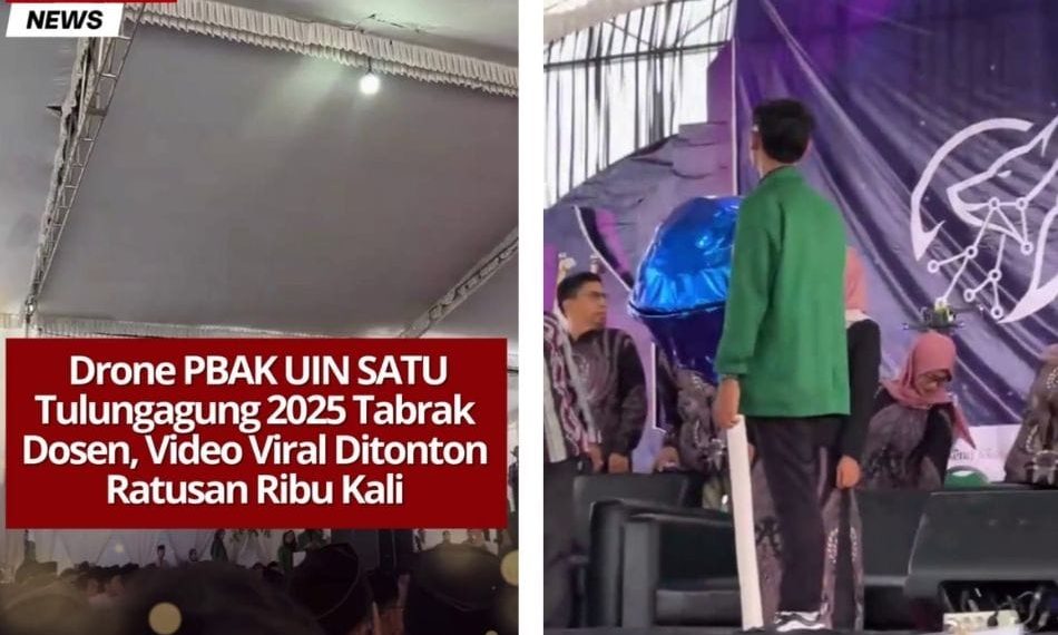 Tangkapan layar video viral insiden drone menabrak dosen saat acara PBAK UIN SATU Tulungagung 2025. (Sumber: TikTok/febrisitong01)