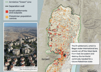 Panorama wilayah Tepi Barat yang menunjukkan peta E1 dan pemukiman Ma’ale Adumim yang akan menghubungkan wilayah tersebut dengan Yerusalem—gambar diambil dari sumber Al Jazeera