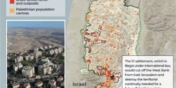 Panorama wilayah Tepi Barat yang menunjukkan peta E1 dan pemukiman Ma’ale Adumim yang akan menghubungkan wilayah tersebut dengan Yerusalem—gambar diambil dari sumber Al Jazeera