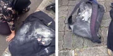 Seorang ibu tampak kesakitan sambil duduk di pinggir jalan setelah insiden demo DPR, punggungnya tampak meradang dan laptopnya rusak. Sumber: Ayobandung.com