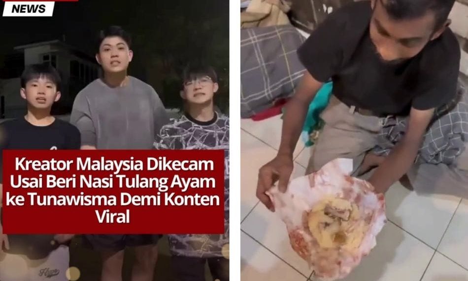 Video tiga kreator Malaysia yang memberi nasi berisi tulang ayam bekas kepada tunawisma menuai kecaman warganet karena dianggap tidak manusiawi dan merendahkan martabat. Sumber: tiktok.com/@brofirdauswong