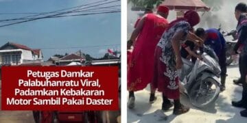 Petugas Damkar Palabuhanratu terlihat memadamkan kebakaran motor dengan kostum daster saat mengikuti lomba HUT RI.Sumber: tiktok/@yogafirmansyah803