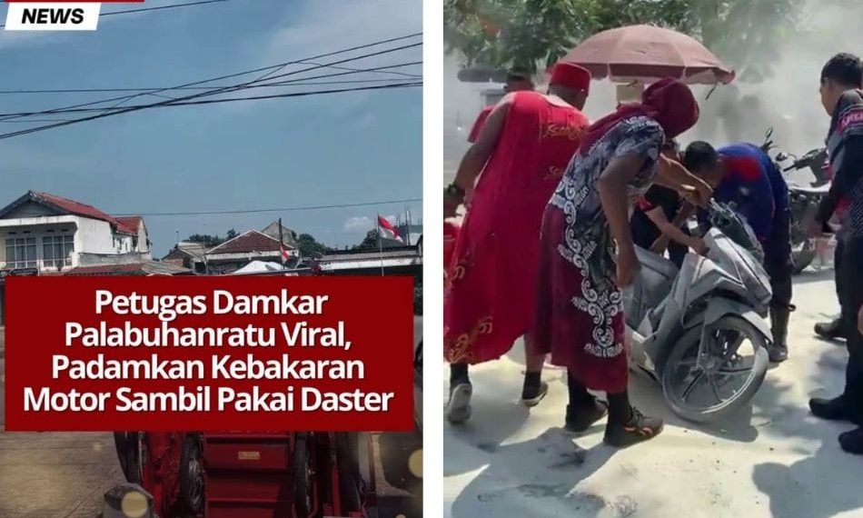Petugas Damkar Palabuhanratu terlihat memadamkan kebakaran motor dengan kostum daster saat mengikuti lomba HUT RI.Sumber: tiktok/@yogafirmansyah803