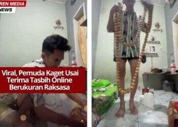 Pemuda kaget saat menerima pesanan tasbih online berukuran raksasa. Video dari Tiktok/albibubego ini viral dan ramai jadi bahan candaan warganet. Sumber: Tiktok/albibubego