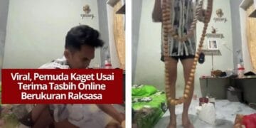Pemuda kaget saat menerima pesanan tasbih online berukuran raksasa. Video dari Tiktok/albibubego ini viral dan ramai jadi bahan candaan warganet. Sumber: Tiktok/albibubego
