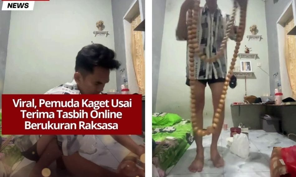 Pemuda kaget saat menerima pesanan tasbih online berukuran raksasa. Video dari Tiktok/albibubego ini viral dan ramai jadi bahan candaan warganet. Sumber: Tiktok/albibubego