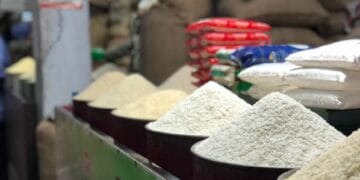 Ilustrasi rak-rak penuh beras di toko—menggambarkan ironi harga beras yang tinggi meski pasokan terlihat melimpah. (Sumber: Freepik)