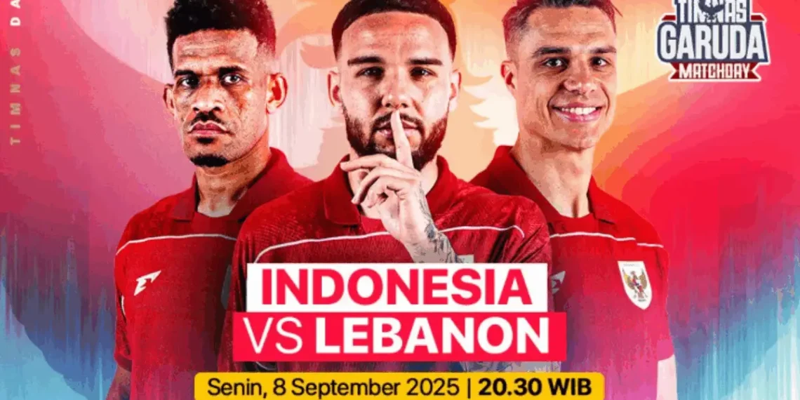 Grafik promosi laga Timnas Indonesia melawan Lebanon di FIFA Matchday, menampilkan beberapa pemain kunci dan elemen nasional tim. (Sumber: Radar Cirebon Televisi via G-Sports)