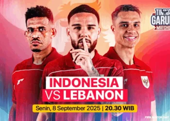 Grafik promosi laga Timnas Indonesia melawan Lebanon di FIFA Matchday, menampilkan beberapa pemain kunci dan elemen nasional tim. (Sumber: Radar Cirebon Televisi via G-Sports)