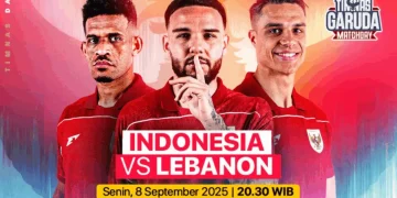 Grafik promosi laga Timnas Indonesia melawan Lebanon di FIFA Matchday, menampilkan beberapa pemain kunci dan elemen nasional tim. (Sumber: Radar Cirebon Televisi via G-Sports)