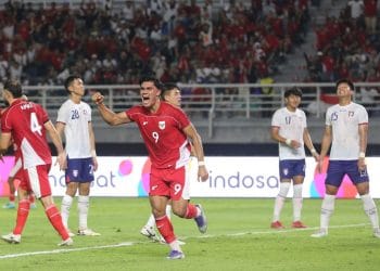 Ramadhan Sananta merayakan gol dalam laga Indonesia kontra Taiwan di FIFA Matchday.