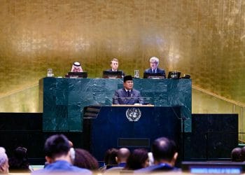 Presiden RI Prabowo Subianto berpidato di Sidang Majelis Umum PBB ke-79, New York. (Sumber: Sekretariat Presiden Via Kompas.com)