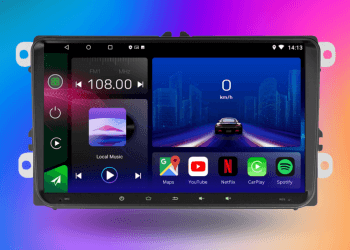 ampilan antarmuka head unit Android di console mobil—menampilkan layar sentuh dan ikon aplikasi yang user-friendly.