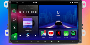 ampilan antarmuka head unit Android di console mobil—menampilkan layar sentuh dan ikon aplikasi yang user-friendly.