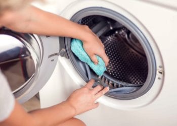 Bagian dalam mesin cuci dengan lapisan karet di sekitar pintu—area yang rawan tumbuhnya jamur jika tidak dirawat secara rutin. (Sumber: Terry’s Plumbing)