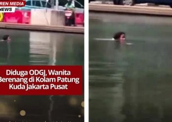 Seorang wanita diduga ODGJ nekat berenang di kolam Patung Kuda Jakarta Pusat. Aksi unik ini terekam video dan menarik perhatian warga sekitar.