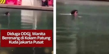 Seorang wanita diduga ODGJ nekat berenang di kolam Patung Kuda Jakarta Pusat. Aksi unik ini terekam video dan menarik perhatian warga sekitar.