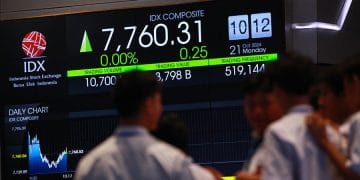 Grafik pergerakan IHSG di papan elektronik menunjukkan ketahanan pasar usai aksi demonstrasi mereda, menandai momen ketika IHSG dan nilai rupiah diuji oleh sentimen global. Foto: Bloomberg