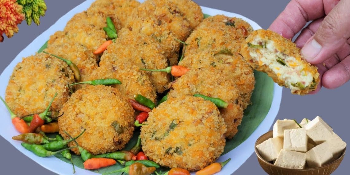 Potongan perkedel tahu yang telah matang menunjukkan tekstur luar yang garing dan dalam lembut; bahan utamanya hanya tahu dan telur. (Sumber foto: Youtube / Bagja Vlog)