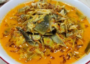 Tampilan gulai jantung pisang berkuah santan kental. (Sumber: Youtube / Ruri Aprillia)