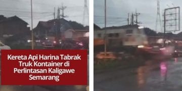 Kereta Harina 100 menabrak truk kontainer di perlintasan Kaligawe Semarang. Tidak ada korban jiwa, perjalanan kereta sempat tertunda.