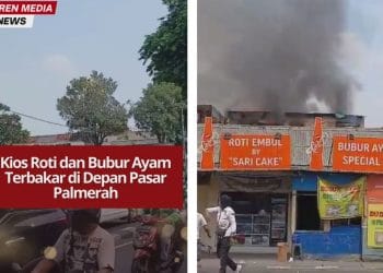 Kios roti dan bubur ayam di depan Pasar Palmerah terbakar pada Rabu pagi. Petugas Gulkarmat bergerak cepat memadamkan api, penyebab masih diselidiki.