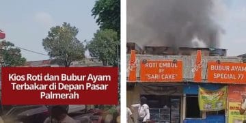 Kios roti dan bubur ayam di depan Pasar Palmerah terbakar pada Rabu pagi. Petugas Gulkarmat bergerak cepat memadamkan api, penyebab masih diselidiki.