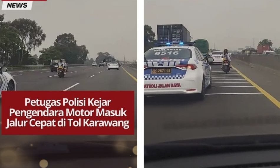 Viral video polisi kejar pengendara motor nekat masuk jalur cepat Tol Karawang Timur–Cikampek. Petugas beri isyarat agar segera menepi.