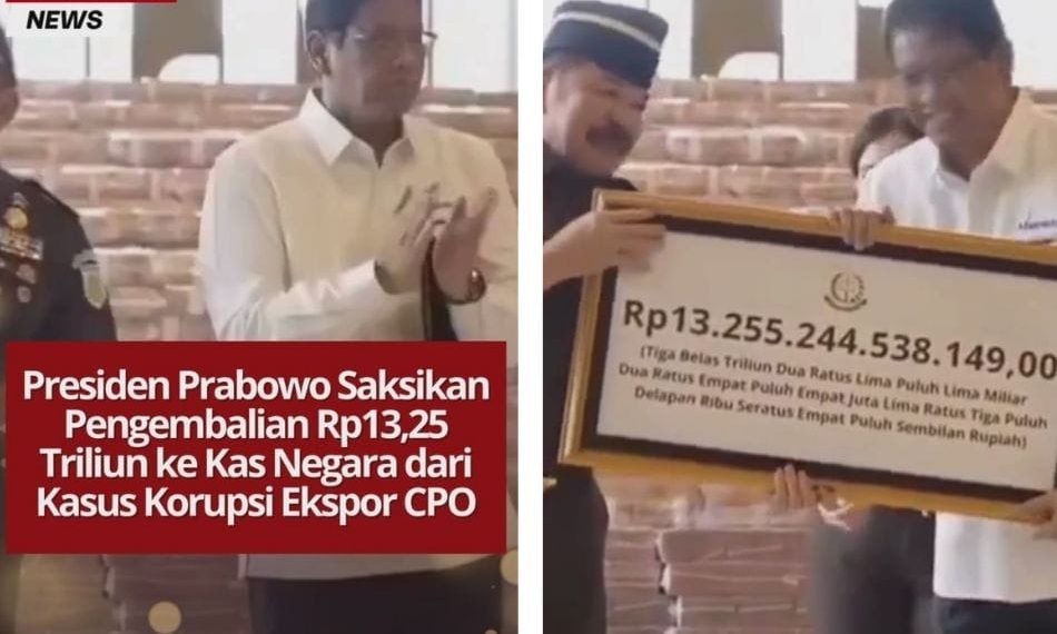 Presiden Prabowo Saksikan Pengembalian Rp13,25 Triliun ke Kas Negara dari Kasus Korupsi Ekspor CPO Presiden Prabowo saksikan pengembalian Rp13,25 triliun dari kasus korupsi ekspor CPO. Ia apresiasi Kejaksaan Agung atas komitmen pemberantasan korupsi.