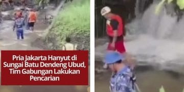 Pria asal Jakarta hanyut di Sungai Batu Dendeng, Ubud. Tim gabungan BPBD dan Basarnas masih lakukan pencarian di tengah arus deras.