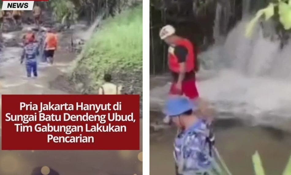 Pria asal Jakarta hanyut di Sungai Batu Dendeng, Ubud. Tim gabungan BPBD dan Basarnas masih lakukan pencarian di tengah arus deras.