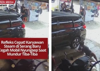 Aksi heroik karyawan steam di Serang Baru viral setelah sigap menghentikan mobil yang tiba-tiba mundur cepat dan hampir nyungsep ke selokan.