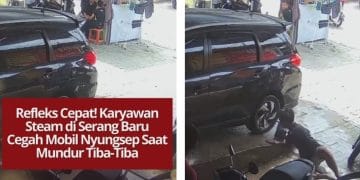 Aksi heroik karyawan steam di Serang Baru viral setelah sigap menghentikan mobil yang tiba-tiba mundur cepat dan hampir nyungsep ke selokan.