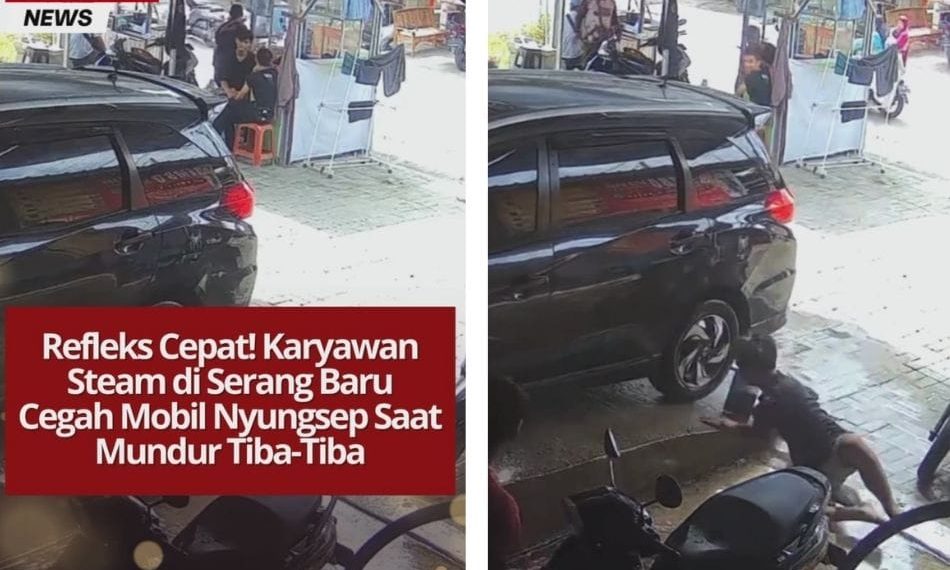 Aksi heroik karyawan steam di Serang Baru viral setelah sigap menghentikan mobil yang tiba-tiba mundur cepat dan hampir nyungsep ke selokan.