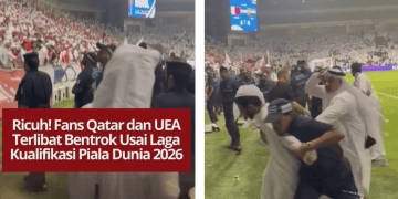 Kericuhan pecah antara fans Qatar dan UEA usai laga Kualifikasi Piala Dunia 2026. Suporter melempar benda ke lapangan, situasi memanas di tribun.