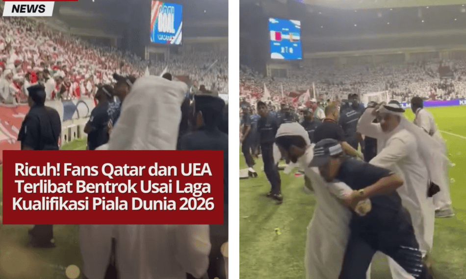 Kericuhan pecah antara fans Qatar dan UEA usai laga Kualifikasi Piala Dunia 2026. Suporter melempar benda ke lapangan, situasi memanas di tribun.