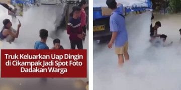 Truk keluarkan uap dingin di Cikampak, Sumut, jadi spot foto viral warga. Tulisan di belakang truk: “Jangan Panik, Itu Oksigen.”