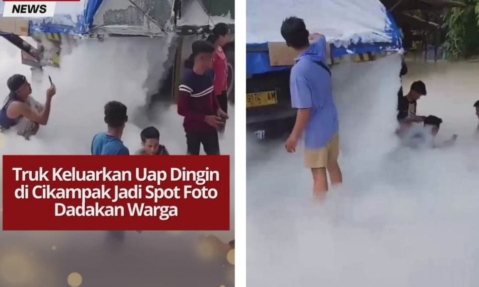 Truk keluarkan uap dingin di Cikampak, Sumut, jadi spot foto viral warga. Tulisan di belakang truk: “Jangan Panik, Itu Oksigen.”