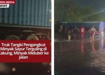 Truk tangki pengangkut minyak sayur terguling di Jalan Raya Cakung–Cilincing, minyak tumpah hingga ke kali. Jalan licin, petugas masih bersihkan lokasi.