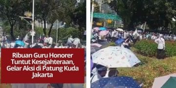 Ribuan guru honorer gelar aksi di Patung Kuda, Jakarta, menuntut kenaikan gaji dan kejelasan status ASN. Mereka menegaskan perjuangan demi kesejahteraan pendidikan.