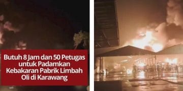 Kebakaran pabrik limbah oli di Karawang butuh 8 jam dan 50 petugas untuk dipadamkan. Api mulai menyala sejak Kamis malam hingga Jumat pagi.