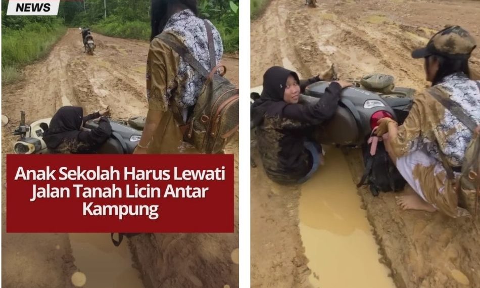 Jalan antar kampung rusak parah, anak-anak harus melewati medan sulit saat berangkat sekolah, memprihatinkan dan butuh perhatian pemerintah.