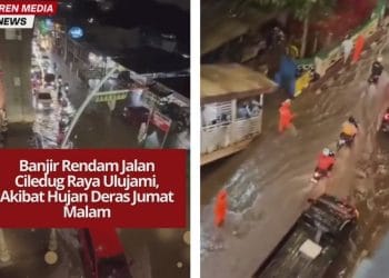 Banjir rendam Jalan Ciledug Raya, Ulujami, akibat hujan deras Jumat malam. Pengendara diminta berhati-hati, petugas mulai lakukan penanganan.